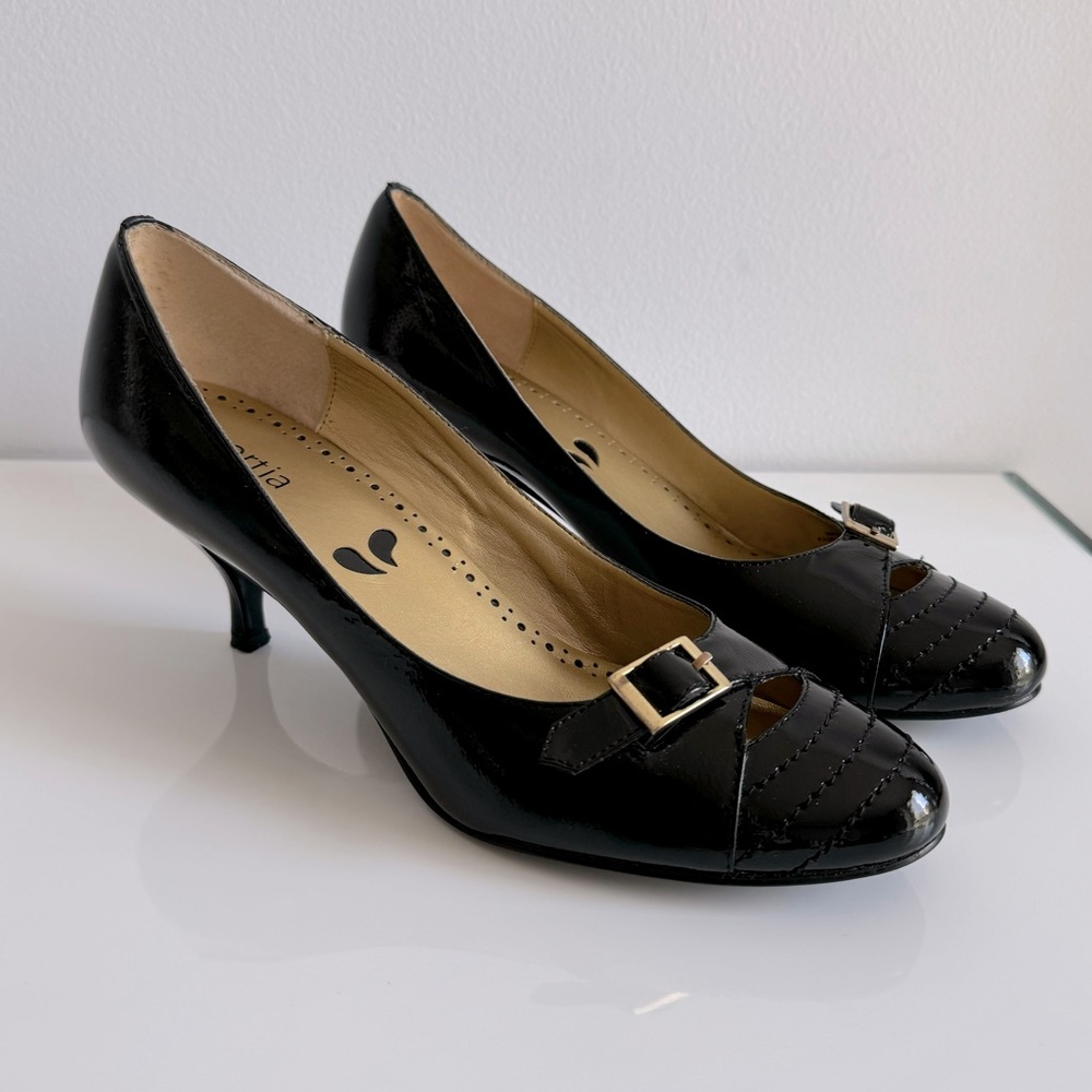 Portia Black Patent Leather Pumps with Golden Buckle Women’s Shoes Kitten Heels